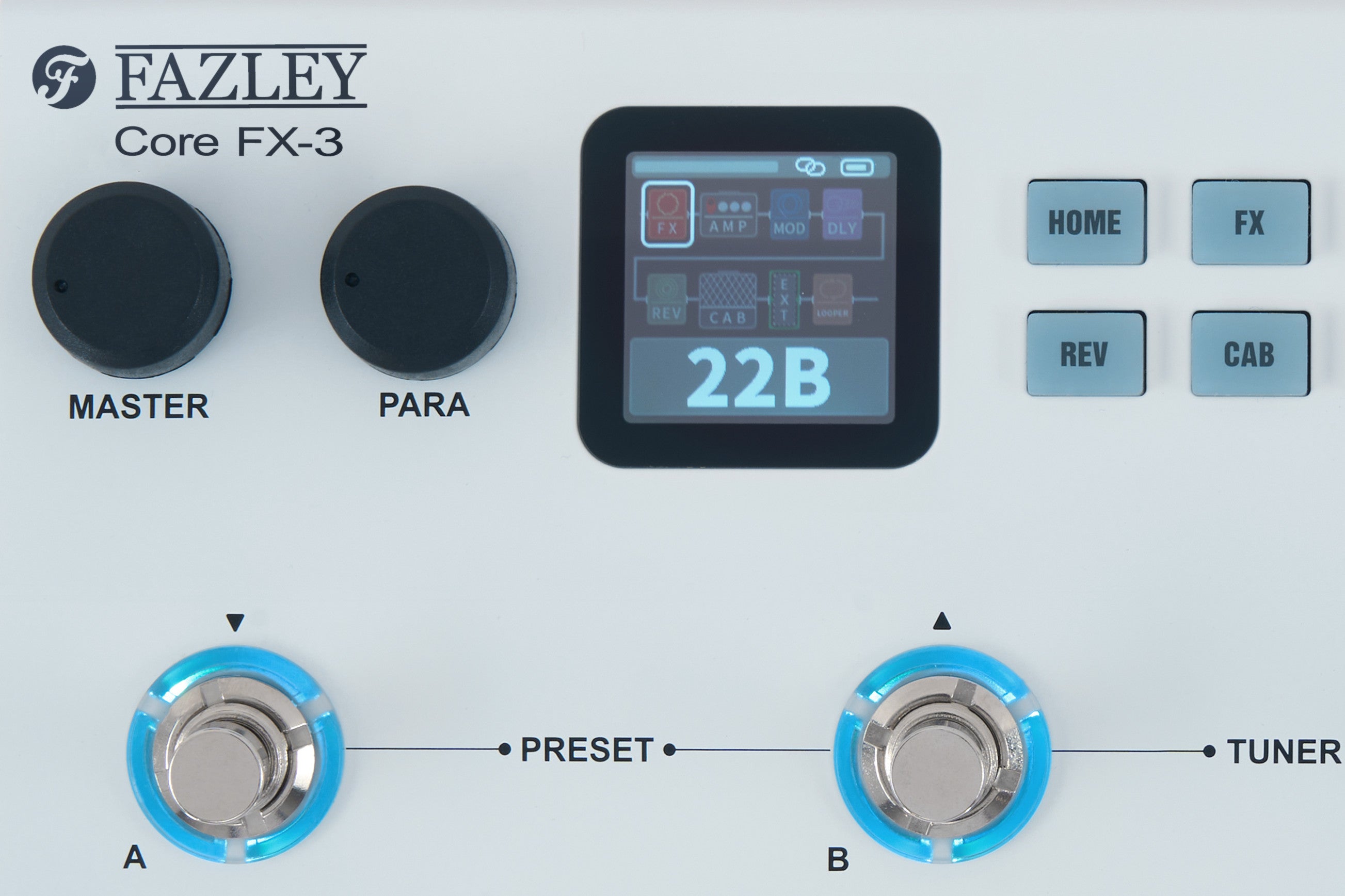 Primer plano del pedal multiefectos Fazley Core-FX3