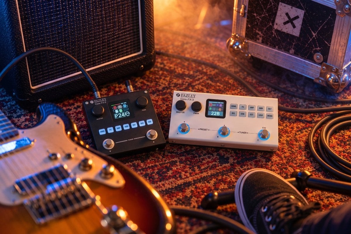 Pedales multiefectos Fazley Core-FX2 y Core-FX3 en el suelo junto a un amplificador de guitarra